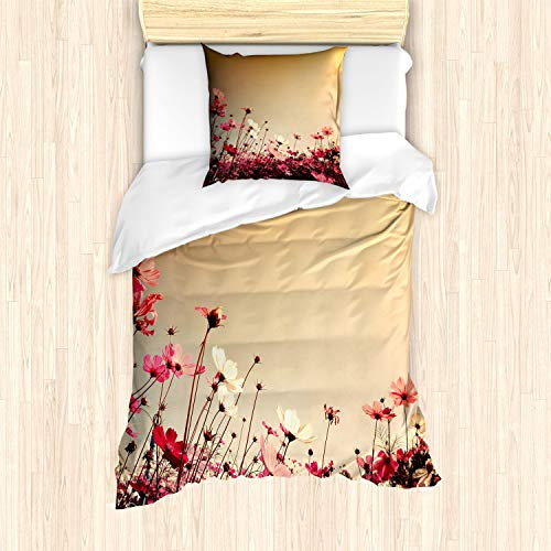 ABAKUHAUS Sommer Bettbezug Set für Einzelbetten, Garten-Blumen-Mohnblumen, Milbensicher Allergiker geeignet mit Kissenbezug, Pale Pink Khaki und Rosa