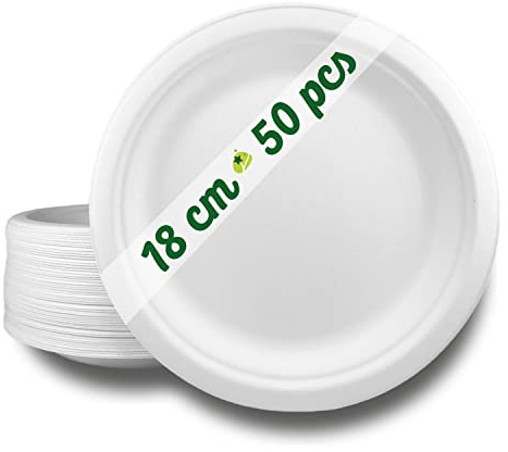 GoBeTree 50 assiettes jetables rondes en bagasse de canne à sucre blanches de 18 cm. Assiettes en papier jetables extra-résistantes, pour camping, pique-niques, fêtes, barbecues, anniversaires