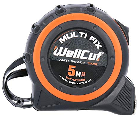 Wellcut Mètre ruban professionnel rétractable - Mètre ruban magnétique - 5 m - 25 mm de large - Système Multifix - Clip de ceinture en métal - Noir/orange