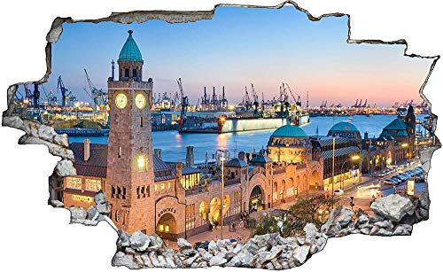 3D Wandtattoo Mauerloch Wandsticker Wandaufkleber Durchbruch selbstklebend Schlafzimmer Wohnzimmer Kinderzimmer,Hamburg Stadt,Größe: 80x125cm