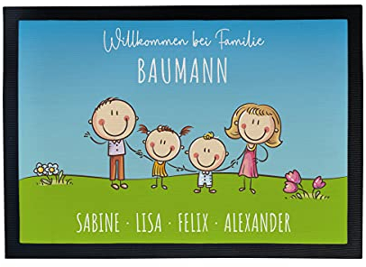TASSENPALAST Cartoon Familie | personalisierte Fußmatte | 1, 2, 3 Kinder & mehr + Hund + Katze | mit Namen | Mutter+Vater+1xTochter+1xSohn | 60 x 40 cm