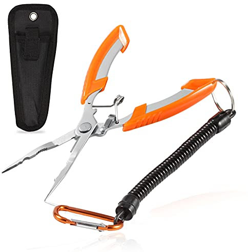LEONTOOL Fishing Pliers Needle Nose Stainless Steel Hook Remover Fishing scissors Fishing Line Cutter Wire Cutter Braid Cutter Multi-Purpose Fishing Pliers with Sheath and Lanyard