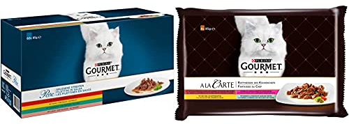 PURINA GOURMET Perle Erlesene Streifen Katzenfutter nass, Sorten-Mix, 60er Pack (60 x 85g) & A la Carte Katzenfutter nass, Sorten-Mix, 12er Pack (12 x 4 Beutel à 85g)