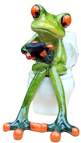 Garneck 1 Statuette Decorative a Forma di Rana con Rana Che siede sul WC e Inviare SMS Fairy Garden per Interni ed Esterni, scrivania, casa, Bagno, Decorazione (Verde)