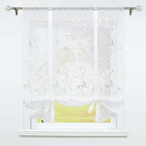 SCHOAL Raffrollo Küche Raffgardine mit Tunnelzug Gardinen Transparent Modern Bändchenrollo Weiß Muster#2 BxH 100x140cm 1 Stück