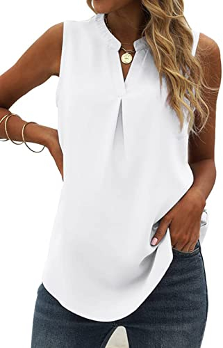 Famulily Women's Summer Top Sleeveless Vest Pleated V Neck Chiffon Flowy Tank Tops White S
