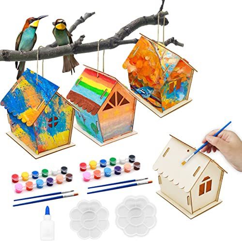 UptVin 3 Stück DIY Vogelhaus Bausatz, Holz Vogelhaus Bastelset Holz Vogelhaus Set für Kinder zum Bauen und Bemalen von Vogelhäuschen aus Holz zum Basteln Geburtstagsgeschenk für Kinder Mädchen Jungen