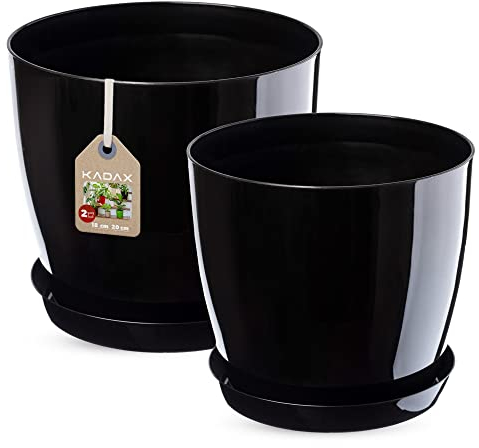 KADAX Blumentopf, Pflanzkübel-Set mit Untersetzer, Blumenkübel aus Kunststoff, runder Pflanztopf für Innenbereich, Übertopf für Blumen und Zimmerpflanzen, Kräutertopf (Set of 2 – 18+20cm, schwarz)