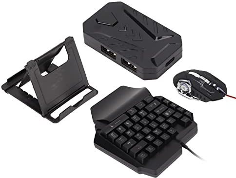 One Hand Gaming Keyboard and Mouse Combo, Wired RGB LED Backlit Gaming Keyboard and Mouse Set Adapter Converter for Android and IOS, with Phone Holder