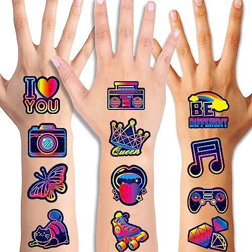 Qpout 96PCS Neon Temporary Tattoos for Kids Adults,Cute and Fashion Gradient False Glow Tattoo Stickers for Neon Theme Birthday Party Decorations Supplies Favors Decor