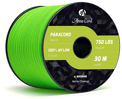 Abma Cord Paracord 750lb 4mm 30M 100% Nylon Seil 11 Kern Typ IV Schnur für Basteln, Camping, Survival, Outdoor - Max. 340kg - Neon Grün