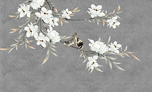 BELOKA Papier Peint Panoramique 3D Fleur Unie Oiseau Gris Clair Papier Peint 3D Intissé Moderne Décoration Murale