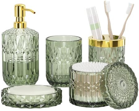 Lot de 5 accessoires de salle de bain verts en verre transparent avec distributeur de savon lotion, porte-savon, porte-brosse à dents, gobelet, pot à cotons-tiges, décoration de salle de bain moderne