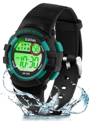 Edillas Relojes Niñas Niños Digitales,7 Colores Reloj Infantil de Pulsera LED Niños Deportes Impermeables Multifuncionales para Exteriores con Cronómetro/Alarma (Negro)