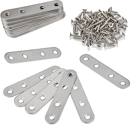 ANNTIM 20 Packs Metal Brackets for Wood, 75*16mm Stainless Steel Straight Bracket with Screws, 4 Holes Flat Straight Brace Brackets for Wood Furniture Connect Repair, Metal Joining Plates for Wood