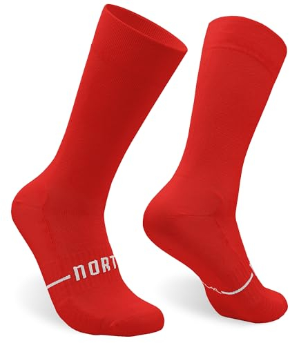 NORTEI Fahrradsocken, Lange Radsocken, MTB, Triathlon, Laufen, Atmungsfähig, Gepolstert, Sportsocken für Radfahren für Herren und Frauen (L, XL, Rot)