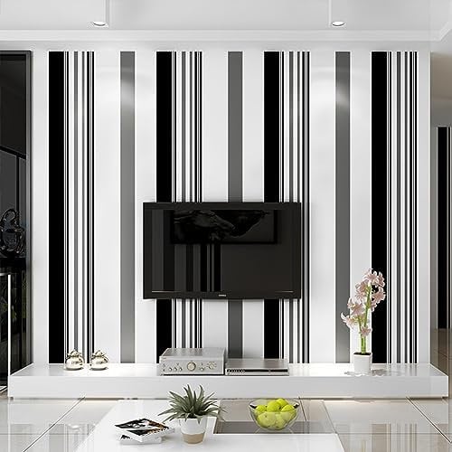 Warmiehomy Non-Woven Wallpaper 53cm x 10m Striped Wallpaper Roll Black White Grey Wall Paper for Living Room Bedroom TV Background