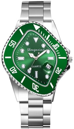 JewelryWe Uhren Herren Edelstahl Herrenuhr: Einzigartig Datum Kalender Analog Quarz Armbanduhr Silber Edelstahl Armband Männer Uhr mit Grün unregelmäßig geformtem Zifferblatt und Leuchtzeiger