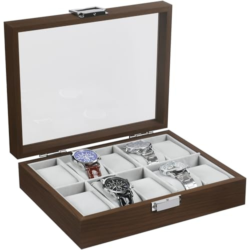TRIXES Uhrenbox mit 10 Fächern – Holzkoffer mit Deckel aus acryl | Geschenkidee für Uhrenliebhaber – Aufbewahrung für Ihre Lieblingsuhren – Sicher und Schützend – Graues Samtfutter