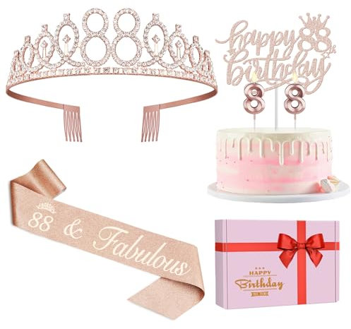 88th Birthday Decorations for Women, Including Birthday Sash and Tiara, Cake Topper and Number Candles, 88 Year Old Gifts for Women