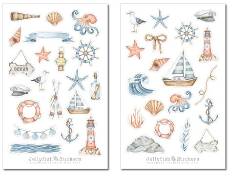 Maritim Sticker Set - Aufkleber Meer, Journal Sticker, Sticker Meer, Strand, Urlaub, Möwe, Leuchtturm, Schiff, Boot, Muscheln, Krake
