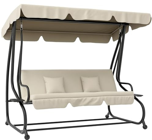 Outsunny Columpio Balancín Jardín 3 Plazas Convertible en Cama Techo Parasol Regulable Bandeja para Bebida Terrza Balcón Exterior Carga máx. 340kg Acero 200x120x164cm Beige