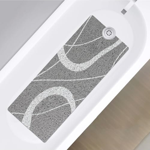 Mavicen Duschmatte rutschfest, 40x100cm Weiche PVC-Luffa Badewannenmatte mit Ablauföffnung, Sichere Massage Duschmatten Fuer senioren, Schnell trocknende Badematte, Graye Linien