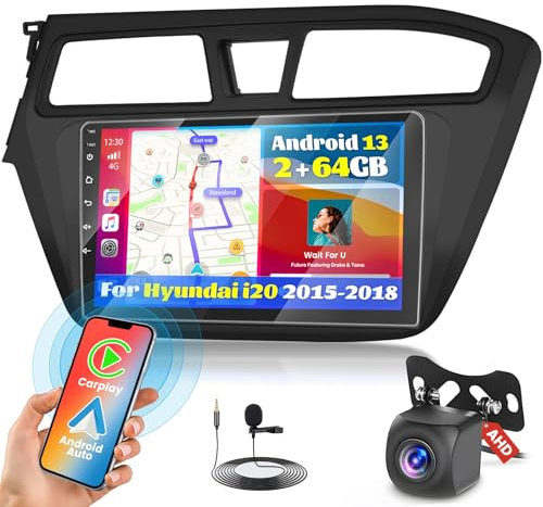 Fuluku 2+64G Android 13 Radio Coche para Hyundai I20 2015 2016 2017 2018 con Inalámbrico Carplay Android Auto, Radio con Pantalla Táctil 9 Pulgadas con Bluetooth/WiFi/GPS/Cámara de Respaldo/FM/SWC