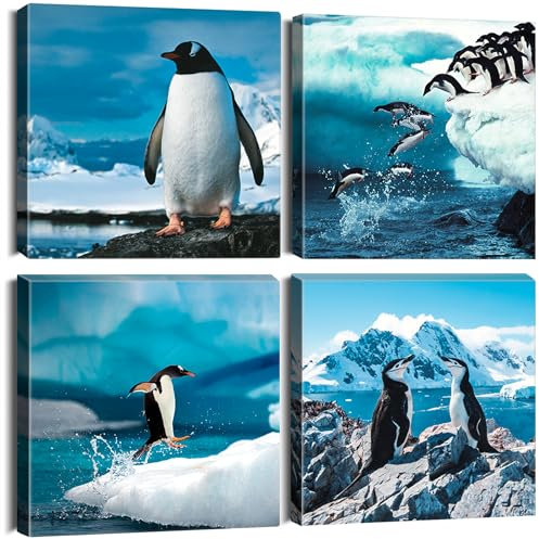 Artscope 4 Teilig Leinwandbilder mit Pinguin Motiv Kunstdruck - Moderne Wandbild für Badezimmer Wohnzimmer Wanddekoration - 30 x 30 cm