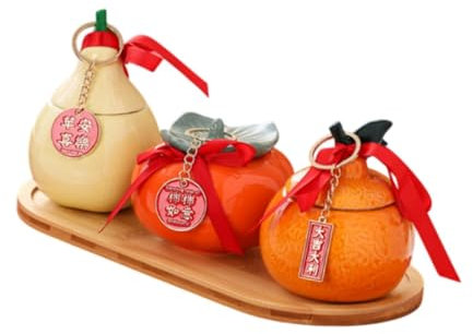 Fenteer Birnen-Orangen-Kaki-Teeglas mit Holztablett, Tischdekoration, multifunktionales dekoratives Einweihungsgeschenk, Teedosen