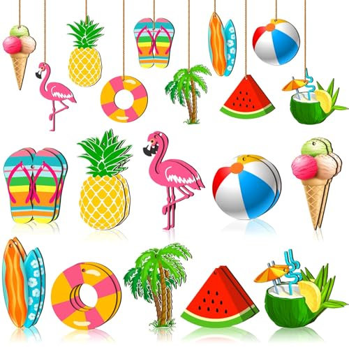 Baumschmuck Sommer, 20 Stück Holzanhänger Sommer, Deko Anhänger Hawaii, Holzdeko Hängend Strandstil, Hängedeko Holz Sommer mit Seil für Fenster, Türen, Gärten, Bäume (Farbe A)
