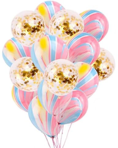 Tourima Festliche Luftballons Set, 15 Stück, 12inch Marmor-Optik Rosa-Blau-Gelb mit Goldenen Konfetti-Ballons, Party Dekoration Luftballons Geburtstag