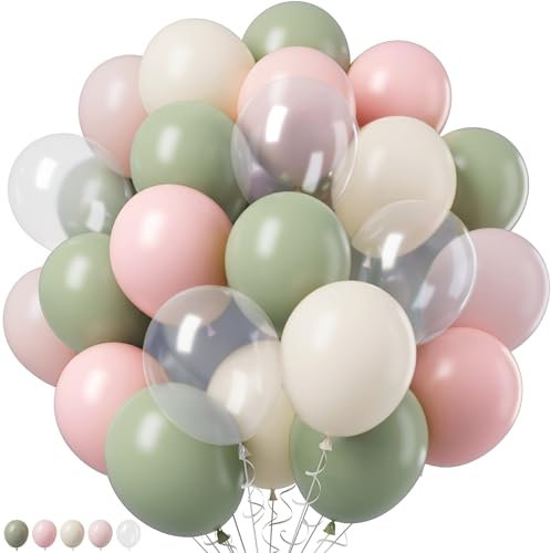 Retro Pink and Sage Green Balloons, Olive Green Pale Pastel Pink Cream White Clear Transparent Balloon for Fairy Tea Party, Floral Balloons as Baby Shower Wedding Nutcracker Birthday Party Decoration