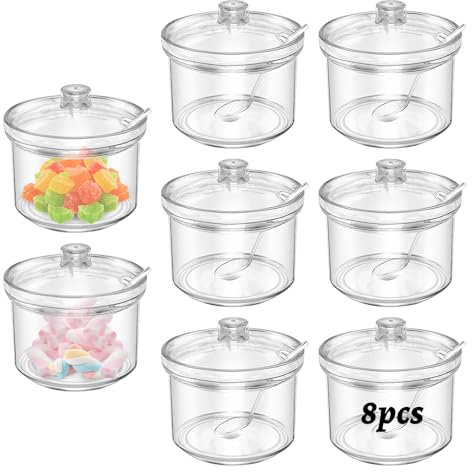 SHAIDOJIO 8PCS Sugar Bowl with Lid, 210ML/7.1OZ, Sugar Pot with Spoon, Clear Seasoning Box Salt Container for Countertop, Sugar Salt Jars Seasoning Jars for Candy Tea Coffee Spices Herb