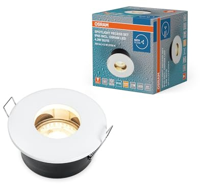 Osram Deckeneinbauleuchte inkl GU10 LED 4.3W, Einbauleuchte in Weiß, IP65-Schutz, für Badezimmer & Innenräume, vollständiges Montage- und Anschlusszubehör enthalten