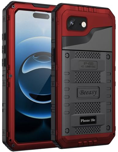 Beeasy für iPhone 17e / iPhone 16e Wasserdicht Outdoor Hülle, Metall Stoßfest Panzerhülle Militär 360 Grad Schutzhülle mit Displayschutz, Robust Heavy Duty Handyhülle Case 6,1, Rot
