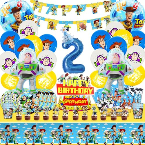 Story - Set di stoviglie per feste, 2 anni, decorazione per compleanni, palloncini per 2 anni, decorazione per compleanni, palloncini, striscioni, tovaglie, piastre, ecc