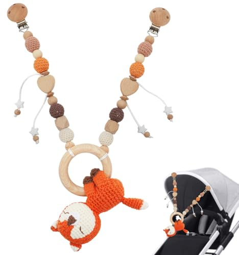 Kinderwagenkette aus Holz und Baumwolle Gehäkelt, Kinderwagenkette Mädchen Junge Kinderwagen Kette für Babys Kinderwagen Spielzeug, Geschenk zur Geburt, Baby Kinderwagenspielzeug für Babyschale