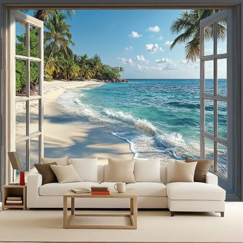 Fototapete Meer Strand Fenster 3D Effekt 350x256 cm - Foto Tapete Landschaft Palmen - Wandtapete Wohnzimmer Matt Wasserdicht Vliestapete - Wallpaper Wanddeko für Schlafzimmer Wohnung Sanierung