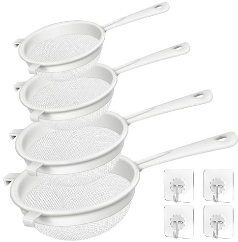 4 Stück Feines Küchen Sieb Filter - 40 Mesh ø 8 cm ø 10 cm ø 12 cm ø 14 cm Feinmaschiger Haarsieb Küche Netzsieb mit Griff, Doppelohr Sieb Plastik KüChensieb Set mit Haken für GemüSe Obst Kaffee Saft