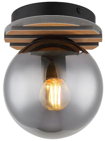 Deckenlampe Rauchglas Deckenleuchte Esszimmerleuchte rund Glaskugel Schlafzimmer, Metall Glas MDF, 1x E27 Fassung, DxH 15x20 cm