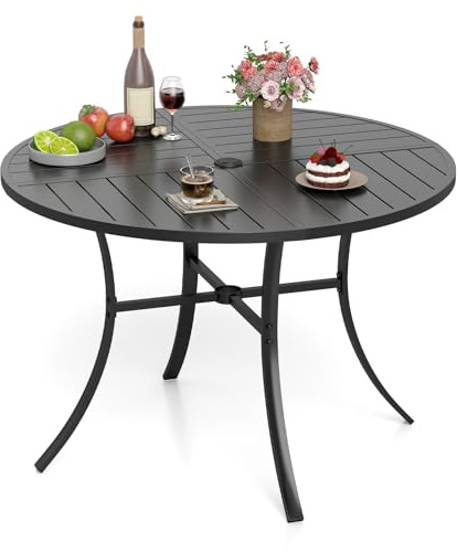 COSTWAY Gartentisch Metall, 108x108cm, wetterfester Terrassentisch mit Schirmloch, runder Balkontisch für 4 Personen, Outdoor-Esstisch für Garten, Terrasse, Balkon, Schwarz