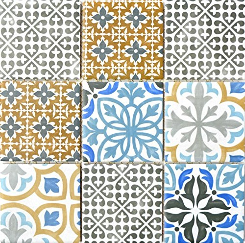 Piastrella a mosaico retrò vintage, in ceramica, colore crema, blu, arancione, grigio opaco, per bagno, WC, doccia, cucina, specchio per piastrelle, rivestimento per vasca da bagno WB22B-1406
