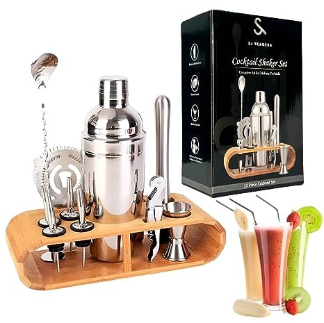 Cocktail Shaker Set - 750ml, Cocktail Making Kit (12 Pcs Set), Professional Bartender Kit with Bamboo Stand, Stainless Steel Bartender Tool Accessories, Cocktail Gift Sets for Valentines Day