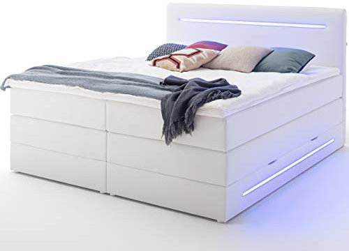 wonello Boxspringbett 160x200 mit Bettkasten und LED Beleuchtung - gemütliches Bett mit led Beleuchtung - Stauraumbett 160 x 200 cm weiß mit Matratze und Topper