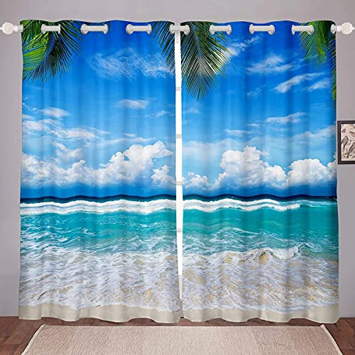 Ozean Zimmer Verdunkelung Fenstervorhang 137x117cm Hawaii Strand Surfen Schwarzout Vorhänge Schlafzimmer Meer Welle Palm Baum Thermal Ozean Nautisch Schwarzout Blickdichte Vorhänge 2 Paneele