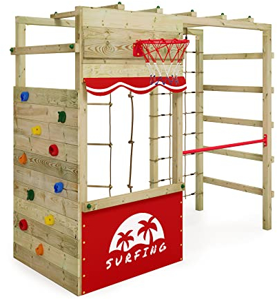 Wickey Gioco da Giardino Smart Action in Legno per Bambini con telone Rosso, Struttura con Parete da Arrampicata, canestro da Basket e Accessori da Gioco
