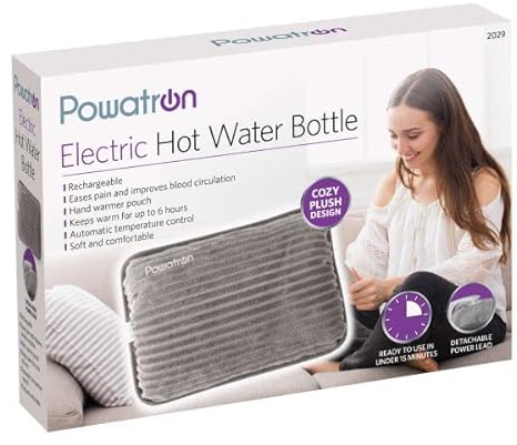 (HomeVibe) Rechargeable Electric Hot Water Bottle Professional Soft Touch Fleece Cover Bed Hand Warmer Massaging Heat Pad Plush, Grey