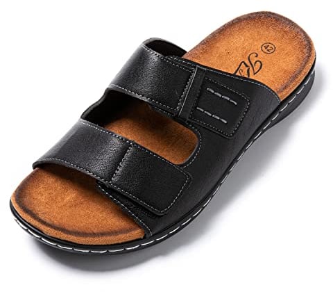 JOMIX Sandales Homme Cuir avec Scratch Chaussures de Plage Tongs Hommes Chaussons de Randonnée pour Douche Piscine Marche (Noir, 40)
