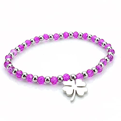 SAGA GIOIELLI® Bracciale Donna Cristalli Quadrifoglio Portafortuna Acciaio (FUCSIA)